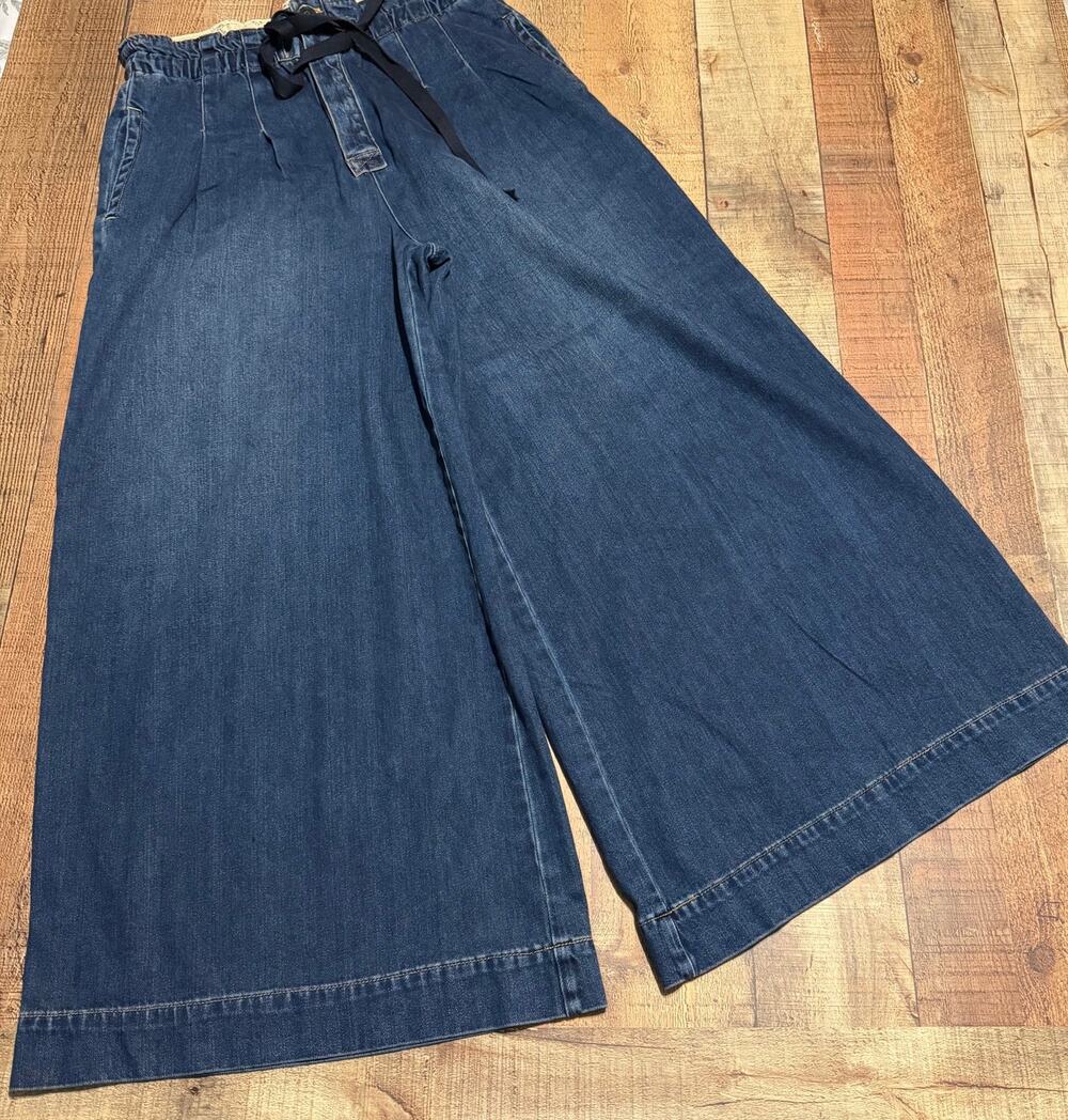 Free People Women's Dark Demin Wide Leg Paperbag Jeans Sz L Festival Boho Indie